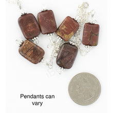 Load image into Gallery viewer, A view of multiples of the red-orange Red Creek Jasper pendants showing that the pendant has natural gemstone variations. iBella® Scarf Slides and scarf slide sets, jewelry sets.