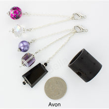 Load image into Gallery viewer, Photo of Avon scarf slide set with interchangeable beads showing all 5 beads that comes with the scarf slide set and showing a quarter to understand the size of the scarf slide beads. iBella® Scarf Slides and scarf slide sets, jewelry sets.