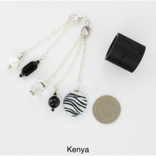 Load image into Gallery viewer, Photo of Kenya scarf slide set with interchangeable beads showing all 5 beads that comes with the scarf slide set and showing a quarter to understand the size of the scarf slide beads. iBella® Scarf Slides and scarf slide sets, jewelry sets.