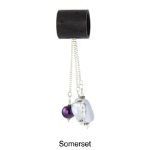 Load image into Gallery viewer, Scarf slide set titled Somerset - view showing the purplish/gray pendant. This scarf slide is pictured hanging. iBella® Scarf Slides and scarf slide sets, jewelry sets.