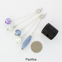 Load image into Gallery viewer, Photo of Pacifica scarf slide set with interchangeable beads showing all 5 beads that comes with the scarf slide set and showing a quarter to understand the size of the scarf slide beads. iBella® Scarf Slides and scarf slide sets, jewelry sets.