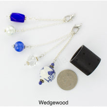 Load image into Gallery viewer, Photo of Wedgewood scarf slide set with interchangeable beads showing all 5 beads that comes with the scarf slide set and showing a quarter to understand the size of the scarf slide beads. iBella® Scarf Slides and scarf slide sets, jewelry sets.