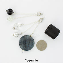 Load image into Gallery viewer, Photo of Yosemite scarf slide set with interchangeable beads showing all 5 beads that comes with the scarf slide set and showing a quarter to understand the size of the scarf slide beads. iBella® Scarf Slides and scarf slide sets, jewelry sets.