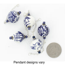 Load image into Gallery viewer, iBella® Scarf slide jewelry set blue and white pendants - view showing the various designs that may be on the pendant included in the set. iBella® Scarf Slides and scarf slide sets, jewelry sets.