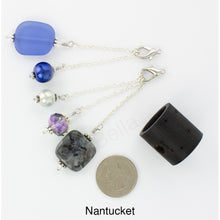 Load image into Gallery viewer, Photo of Nantucket scarf slide set with interchangeable beads showing all 5 beads that comes with the scarf slide set and showing a quarter to understand the size of the scarf slide beads. iBella® Scarf Slides and scarf slide sets, jewelry sets.