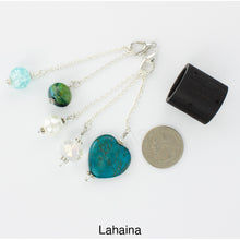 Load image into Gallery viewer, Photo of Lahaina scarf slide set with interchangeable beads showing all 5 beads that comes with the scarf slide set and showing a quarter to understand the size of the scarf slide beads. iBella® Scarf Slides and scarf slide sets, jewelry sets.