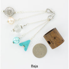 Load image into Gallery viewer, Photo of Baja scarf slide set with interchangeable beads showing all 5 beads that comes with the scarf slide set and showing a quarter to understand the size of the scarf slide beads. iBella® Scarf Slides and scarf slide sets, jewelry sets.