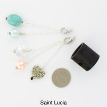 Load image into Gallery viewer, Photo of Saint Lucia scarf slide set with interchangeable beads showing all 5 beads that comes with the scarf slide set and showing a quarter to understand the size of the scarf slide beads. iBella® Scarf Slides and scarf slide sets, jewelry sets.