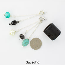 Load image into Gallery viewer, Photo of Sausolito scarf slide set with interchangeable beads showing all 5 beads that comes with the scarf slide set and showing a quarter to understand the size of the scarf slide beads. iBella® Scarf Slides and scarf slide sets, jewelry sets.