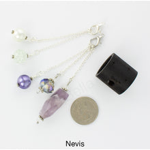 Load image into Gallery viewer, Photo of Nevis scarf slide set with interchangeable beads showing all 5 beads that comes with the scarf slide set and showing a quarter to understand the size of the scarf slide beads. iBella® Scarf Slides and scarf slide sets, jewelry sets.