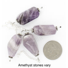 Load image into Gallery viewer, iBella® photo of amethyst pendants showing the pendants can vary. iBella® Scarf Slides and scarf slide sets, jewelry sets.
