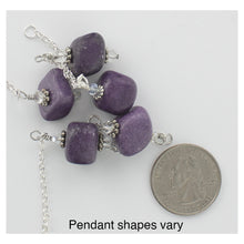 Load image into Gallery viewer, iBella® scarf slide jewelry set named Amore - multiple purple pendants shown laying next to a quarter. This image shows the pendant can be various shapes. iBella® Scarf Slides and scarf slide sets, jewelry sets.