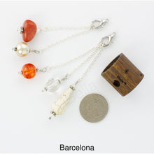 Load image into Gallery viewer, Photo of Barcelona scarf slide set with interchangeable beads showing all 5 beads that comes with the scarf slide set and showing a quarter to understand the size of the scarf slide beads. iBella® Scarf Slides and scarf slide sets, jewelry sets.