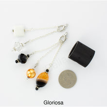 Load image into Gallery viewer, Photo of Gloriosa scarf slide set with interchangeable beads showing all 5 beads that comes with the scarf slide set and showing a quarter to understand the size of the scarf slide beads. iBella® Scarf Slides and scarf slide sets, jewelry sets.