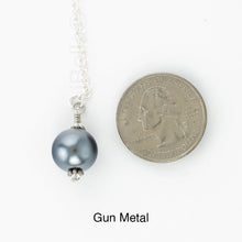Load image into Gallery viewer, Scarf slide jewelry set extra pearl titled Gun Metal - view showing the pearl laying next to a quarter for size reference.
