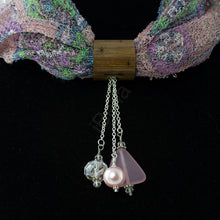 Load image into Gallery viewer, iBella® scarf slide jewelry set named LaRose pictured hanging on a scarf with the pink pendant. iBella® Scarf Slides and scarf slide sets, jewelry sets.