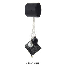 Load image into Gallery viewer, iBella® scarf slide jewelry set named Gracious - scarf slide set bead combination with the black and gray pendant, the black pendant, and the gray glass pearl. This scarf slide set is pictured hanging. iBella® Scarf Slides and scarf slide sets, jewelry sets.