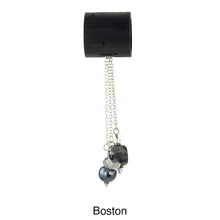 Load image into Gallery viewer, iBella® scarf slide jewelry set named Boston - alternate scarf slide set bead combination with the gray pendant. This scarf slide is pictured hanging. iBella® Scarf Slides and scarf slide sets, jewelry sets.