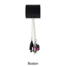 Load image into Gallery viewer, iBella® scarf slide jewelry set named Boston - alternate scarf slide set bead combination with the black and gray pendants. This scarf slide set is pictured hanging. iBella® Scarf Slides and scarf slide sets, jewelry sets.