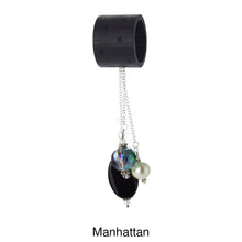 Load image into Gallery viewer, iBella® scarf slide jewelry set named Manhattan - scarf slide set bead combination with the black agate pendant. This scarf slide set is pictured hanging. iBella® Scarf Slides and scarf slide sets, jewelry sets.