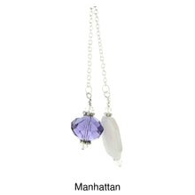 Load image into Gallery viewer, iBella® scarf slide jewelry set named Manhattan - view of the purple crystal and purplish/gray pendant view. This scarf slide set is pictured hanging. iBella® Scarf Slides and scarf slide sets, jewelry sets.
