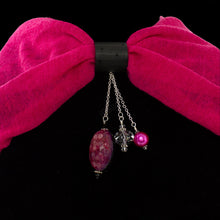 Load image into Gallery viewer, iBella® scarf slide jewelry set named Captivate pictured hanging on a scarf. iBella® Scarf Slides and scarf slide sets, jewelry sets.