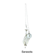 Load image into Gallery viewer, iBella® scarf slide jewelry set named Sarasota - a view of 2 of the beads, the silver twisted metal pendant and the gray pearl. This scarf slide set is pictured hanging. iBella® Scarf Slides and scarf slide sets, jewelry sets.