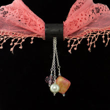 Load image into Gallery viewer, iBella® scarf slide jewelry set named Desert Sky pictured hanging on a scarf. iBella® Scarf Slides and scarf slide sets, jewelry sets.