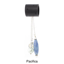 Load image into Gallery viewer, iBella® scarf slide jewelry set named Pacifica - alternate scarf slide set bead combination with the blue pendant. This scarf slide set is pictured hanging. iBella® Scarf Slides and scarf slide sets, jewelry sets.