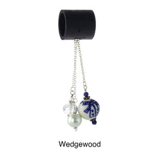 Load image into Gallery viewer, iBella® scarf slide jewelry set named Wedgewood - alternate scarf slide set bead combination with the AAA pendant. This scarf slide is pictured hanging. iBella® Scarf Slides and scarf slide sets, jewelry sets.