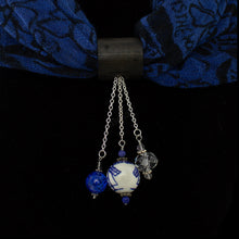 Load image into Gallery viewer, iBella® scarf slide jewelry set named Wedgewood pictured hanging on a scarf. iBella® Scarf Slides and scarf slide sets, jewelry sets.