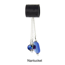 Load image into Gallery viewer, iBella® scarf slide jewelry set named Nantucket - alternate scarf slide set bead combination with the blue pendant. This scarf slide is pictured hanging. iBella® Scarf Slides and scarf slide sets, jewelry sets.