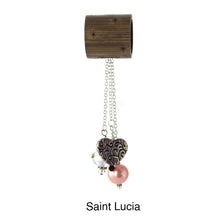 Load image into Gallery viewer, iBella® scarf slide jewelry set named Saint Lucia - alternate scarf slide set bead combination with the metal heart-shaped pendant. This scarf slide is pictured hanging. iBella® Scarf Slides and scarf slide sets, jewelry sets.