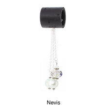 Load image into Gallery viewer, iBella® scarf slide jewelry set named Nevis - alternate scarf slide set bead combination showing 2 pearls and 1 crystal. This scarf slide is pictured hanging. iBella® Scarf Slides and scarf slide sets, jewelry sets.