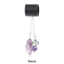 Load image into Gallery viewer, iBella® scarf slide jewelry set named Nevis - alternate scarf slide set bead combination with the amethyst pendant. This scarf slide set is pictured hanging. iBella® Scarf Slides and scarf slide sets, jewelry sets.