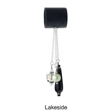 Load image into Gallery viewer, iBella® scarf slide jewelry set named Lakeside - alternate scarf slide set bead combination with the black teardrop agate pendant. This scarf slide is pictured hanging. iBella® Scarf Slides and scarf slide sets, jewelry sets.