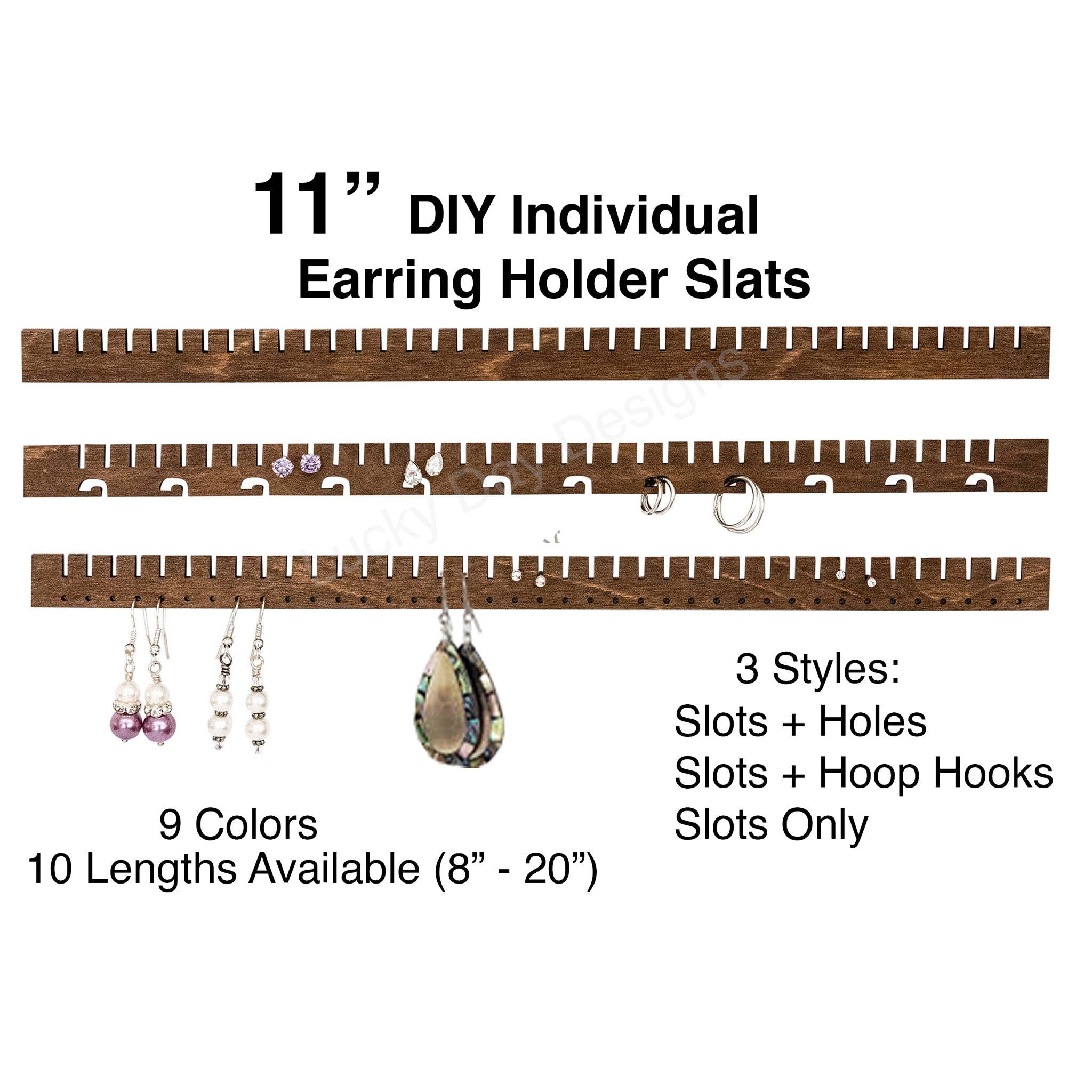 Earring Holder Slat, 11-inch, wood, 9 colors, 3 styles – Lucky Day Designs,  iOrganize®, iBella®