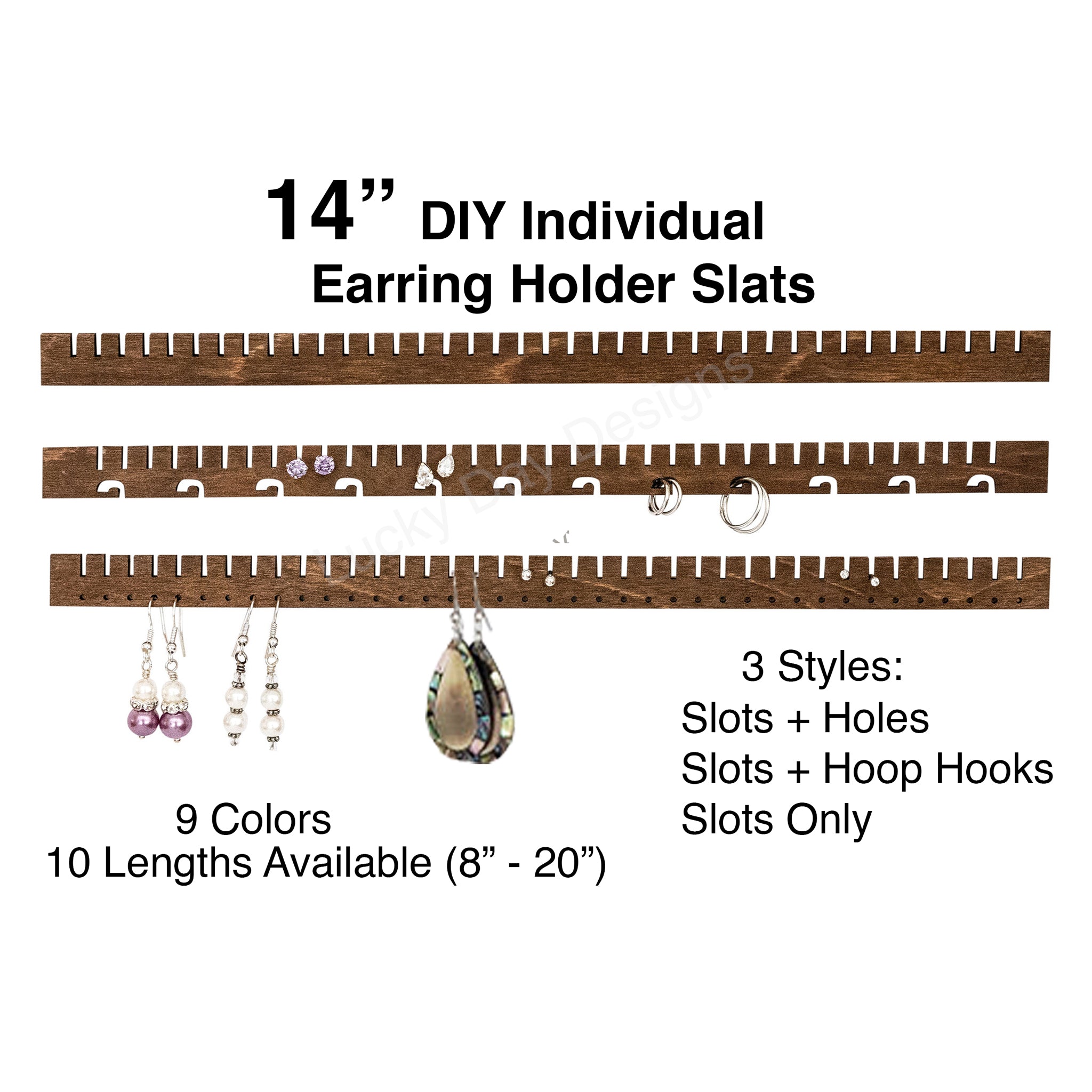 Earring Holder Slat 14 inch wood 9 colors 3 styles Lucky Day