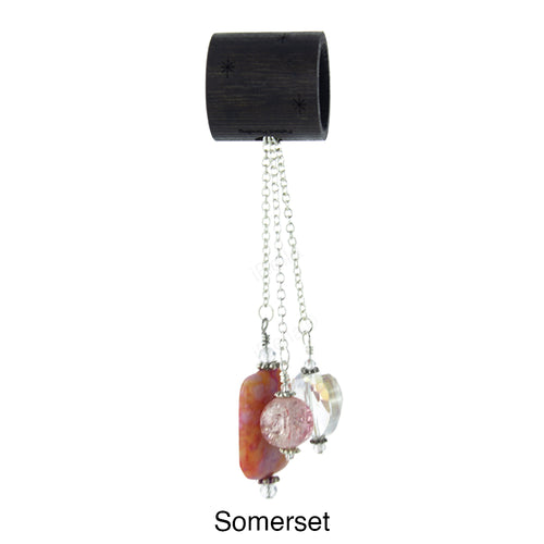 Scarf slide set titled Somerset - view showing the pink pendant. This scarf slide is pictured hanging.   iBella® Scarf Slides and scarf slide sets, jewelry sets.