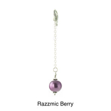 Load image into Gallery viewer, Scarf slide jewelry set extra pearl titled Razzmic Berry - view showing the pearl hanging.
