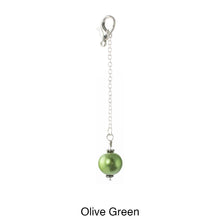 Load image into Gallery viewer, Scarf slide jewelry set extra pearl titled Olive Green - view showing the pearl hanging.
