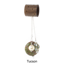 Load image into Gallery viewer, iBella® Scarf slide set named Tucson - scarf slide set bead combination with the brown &amp; green pendant. This scarf slide set is pictured hanging.   iBella® Scarf Slides and scarf slide sets, jewelry sets.
