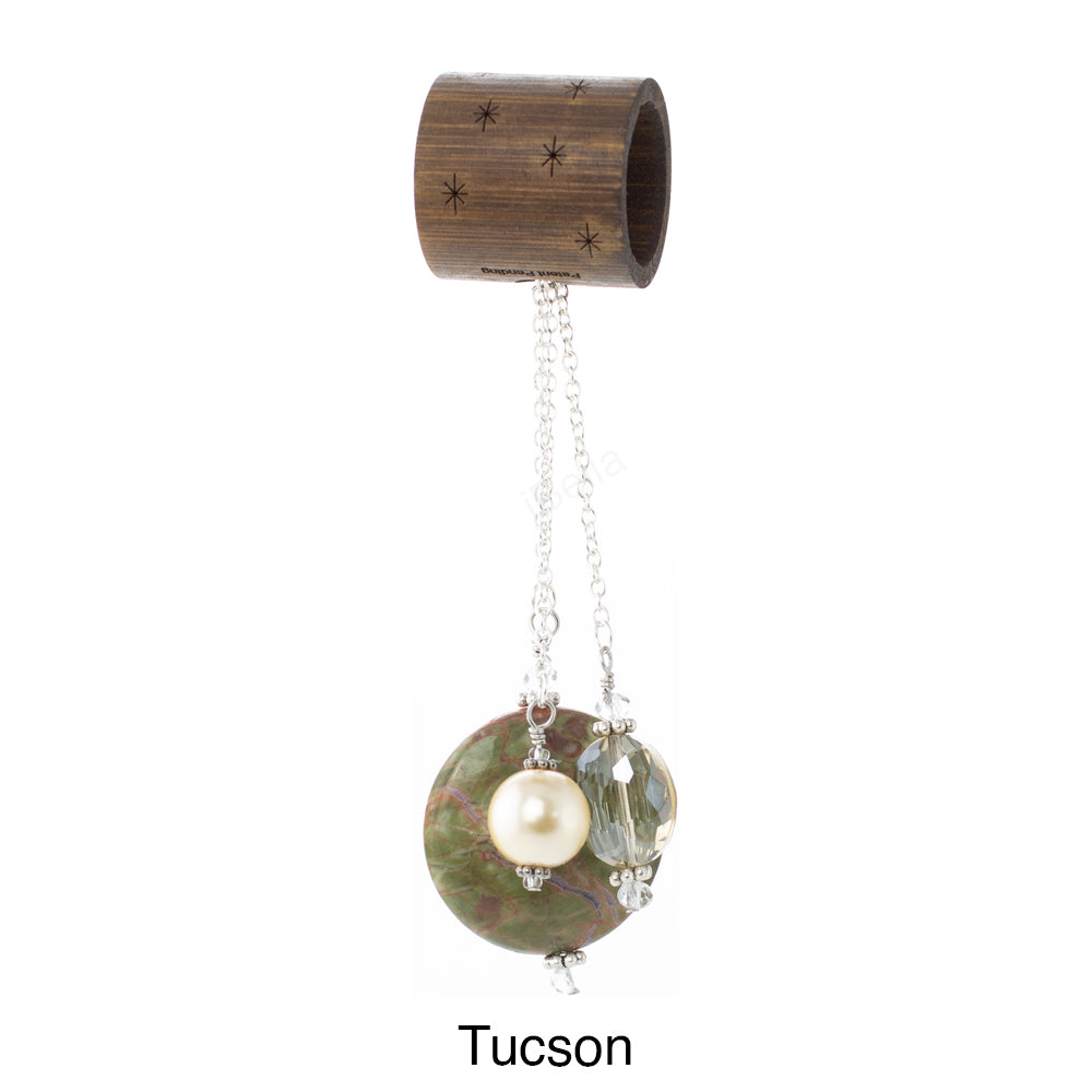 iBella® Scarf slide set named Tucson - scarf slide set bead combination with the brown & green pendant. This scarf slide set is pictured hanging.   iBella® Scarf Slides and scarf slide sets, jewelry sets.