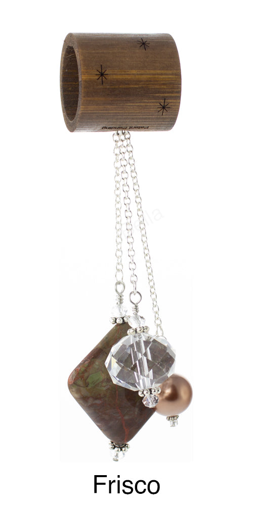 iBella® scarf slide jewelry set named Frisco - scarf slide set bead combination with the brown stone pendant. This scarf slide set is pictured hanging.  iBella® Scarf Slides and scarf slide sets, jewelry sets.