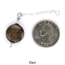 Load image into Gallery viewer, Scarf slide set extra pendant titled Dani - view showing the brown pendant laying next to a quarter for size reference.
