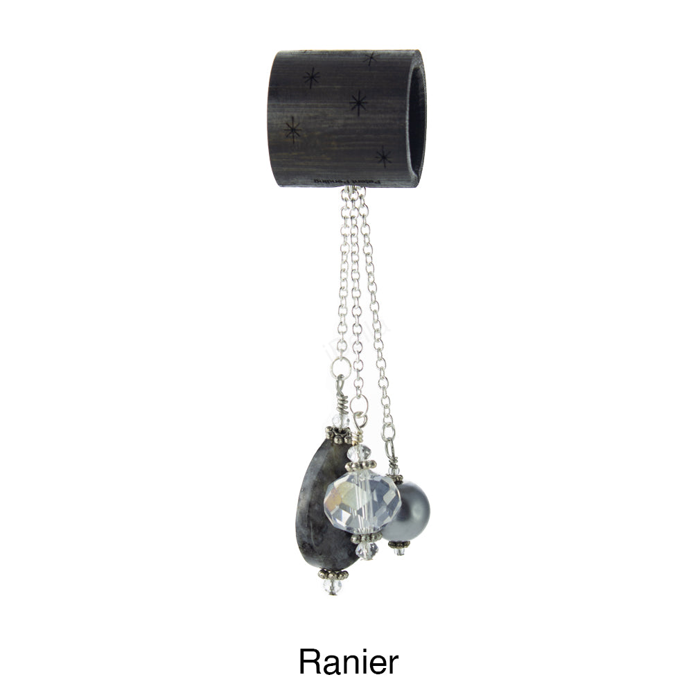 iBella® scarf slide jewelry set named Ranier - scarf slide set bead combination with the gray larvikite pendant. This scarf slide set is pictured hanging.  iBella® Scarf Slides and scarf slide sets, jewelry sets.