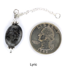 Load image into Gallery viewer, Scarf slide set extra pendant titled Lyric - view showing the gray pendant laying next to a quarter for size reference.
