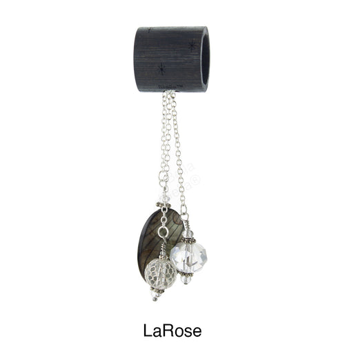 iBella® scarf slide jewelry set named LaRose -  scarf slide set bead combination with the gray pendant. This scarf slide set is pictured hanging.  iBella® Scarf Slides and scarf slide sets, jewelry sets.