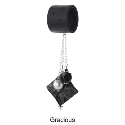 iBella® scarf slide jewelry set named Gracious - scarf slide set bead combination with the black and gray pendant, the black pendant, and the gray glass pearl. This scarf slide set is pictured hanging.  iBella® Scarf Slides and scarf slide sets, jewelry sets.