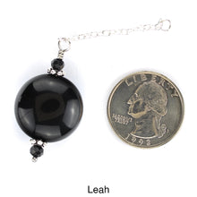 Load image into Gallery viewer, Scarf slide set extra pendant titled Leah - view showing the black pendant laying next to a quarter for size reference.
